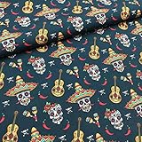 Tela popelín estampada digital por metros - 100% algodón 200 hilos - 140 cm ancho - Largo a elección de 50 en 50 cm - Para decoración y ropa de vestir | Calaveras y guitarras - Negro, multicolor