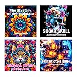 Mocrop Paquete de 4 libros para colorear para adultos, mandala, libros para colorear para adultos, 20 x 20 cm, papel grueso, mandala, animal, casa mágica, tema de calavera, libro para colorear para