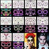 Kiiwah 10 Hojas Tatuajes Temporales Halloween, Calavera Floral Rosas Rojas Tatuajes Temporales Pegatinas Cara Halloween Día de Los Muertos Cráneo Cara Tatuajes para Halloween Maquillaje