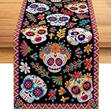 Decoraciones de mesa con calaveras de azúcar | Caminos de Mesa Decorativos para Mexicanos | Mantel de lino rústico reutilizable, suministros para fiestas temáticas mexicanas brillantes, para recuerdo